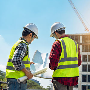 Workers discussing light duty job responsibilities at a construction site in North Carolina